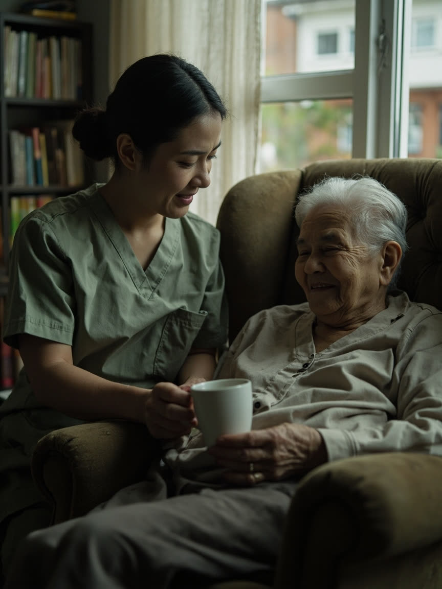 A caregiver in sage scrubs gently hands a cup of tea to an elderly man resting in an armchair at home