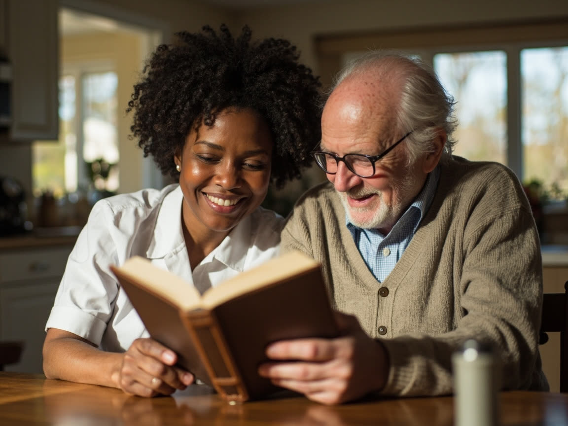 A caregiver in a white uniform reads a book together with an elderly man in a cardigan at his kitchen table